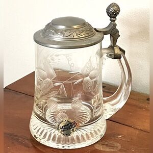 Vintage etched glass beer stein mug with pewter lid Handschiff